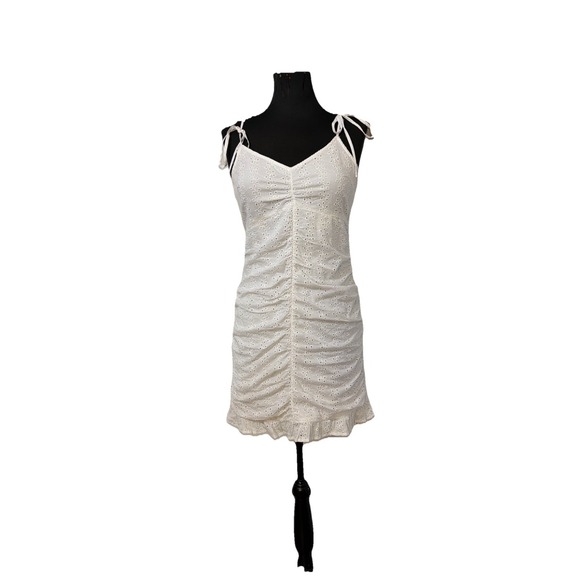 Hollister Dresses & Skirts - Hollister White Eyelet Mini Babydoll Rushed Ruffle Smocked Dress Sz M Cotton